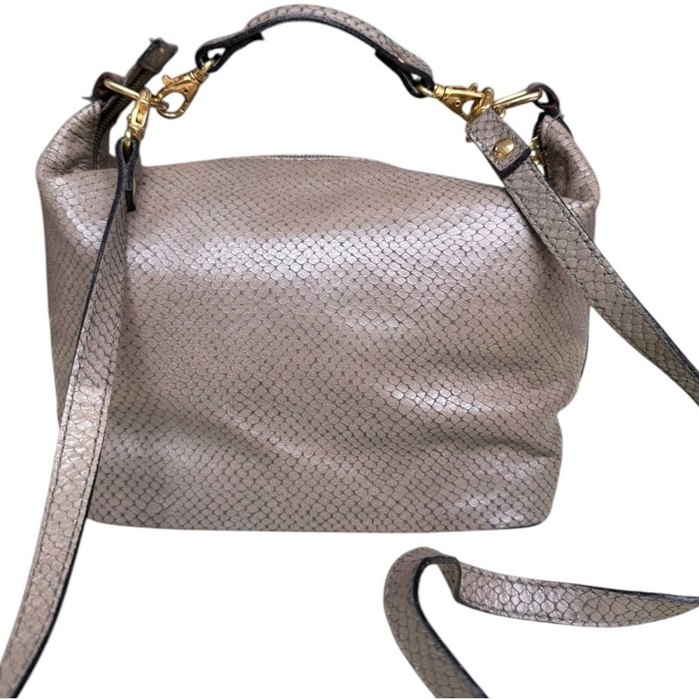 Vintage Metallic Taupe Snake-Embossed Leather Crossbody Bag